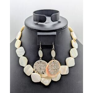 Vintage MCM Mother of Pearl 17" Necklace & Dangle Earring Jewelry Set